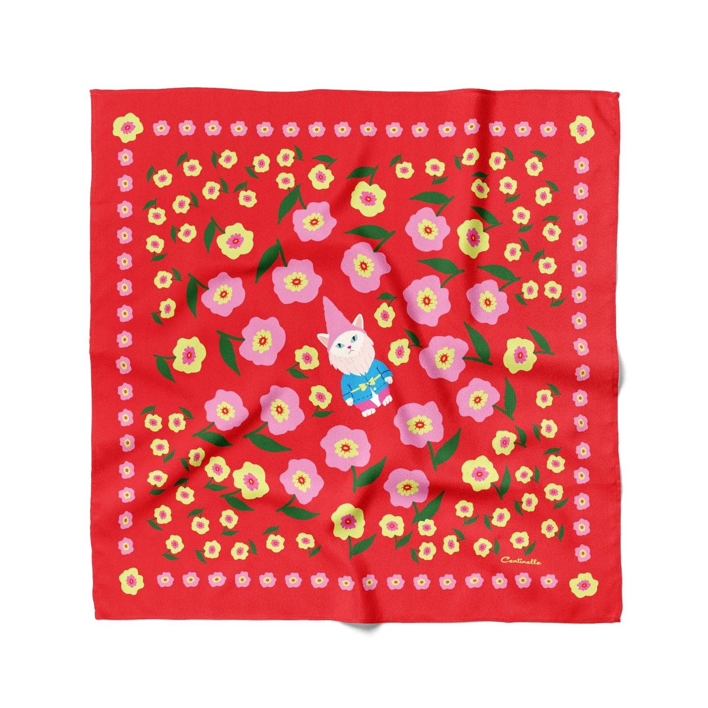Red scarf with floral pattern and cartoon character on a white background