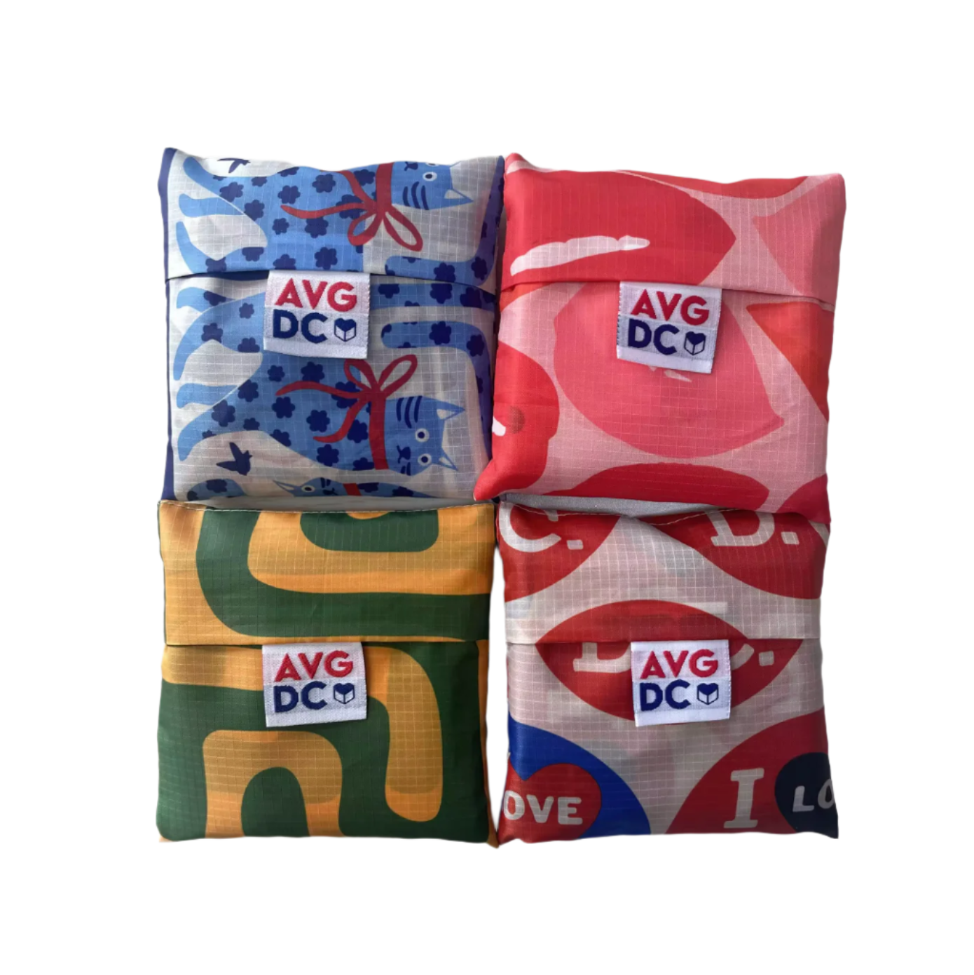 Four colorful fabric pouches with 'AVG DC' labels on a white background