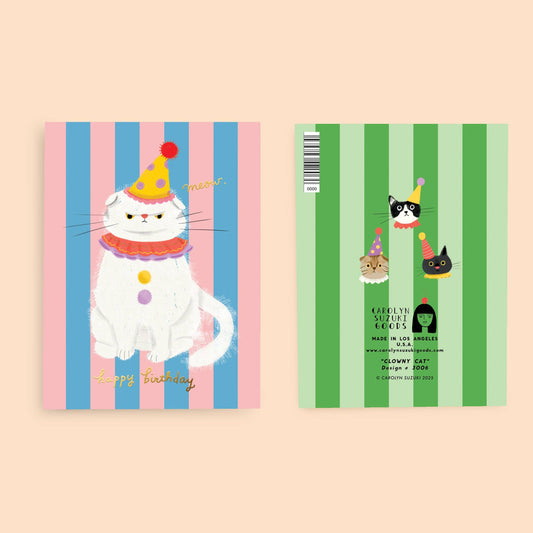 Two greeting cards with cartoon cats on striped backgrounds