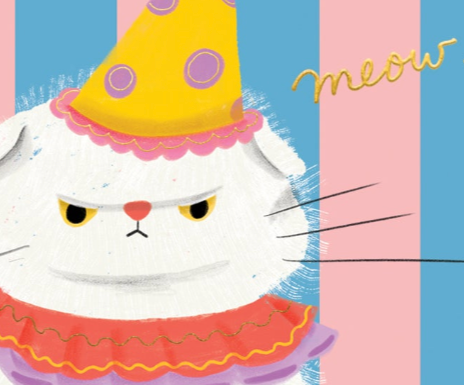 Cartoon cat in a party hat with 'meow' text on a colorful background