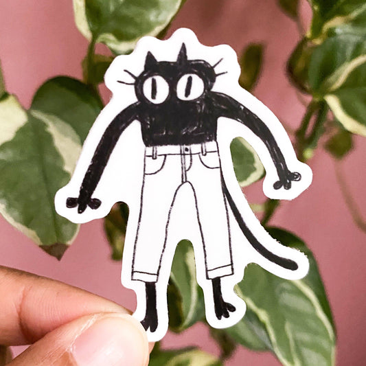 Hand holding a sticker of a black cat with white pants against a pink background with green leaves.