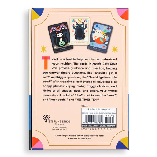 Back cover of a book with tarot card illustrations and text about the product.