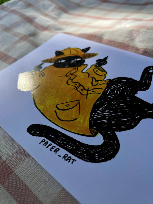 Cartoon rat with sunglasses and a hat on a white background, with 'PAPER RAT' text.