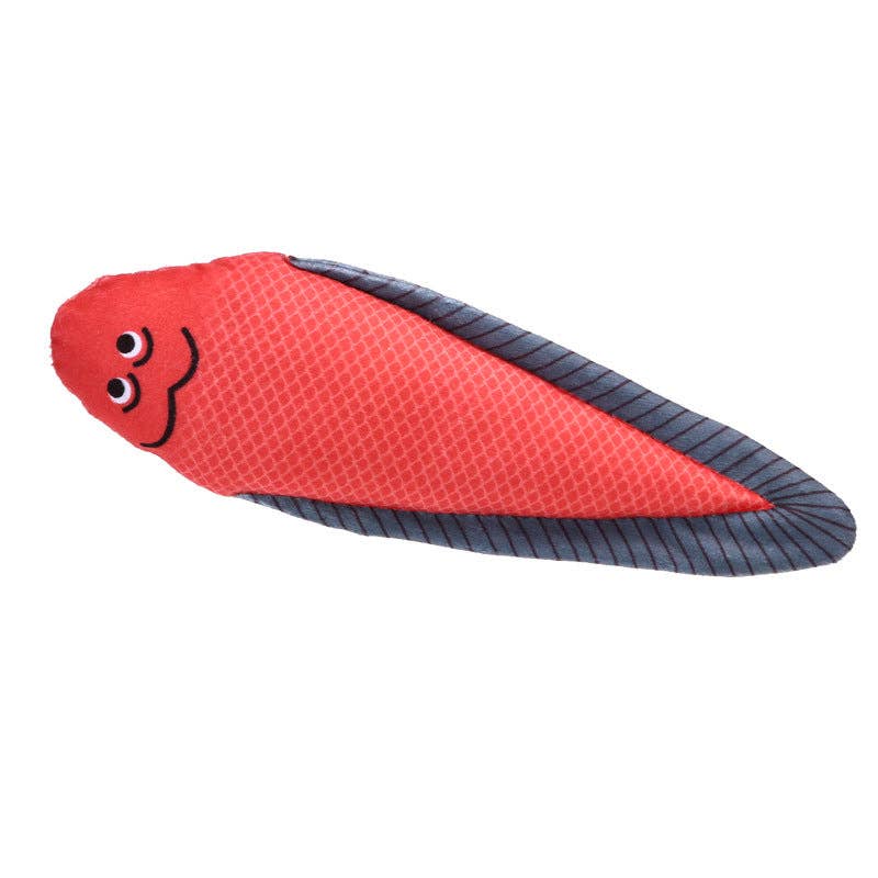 Red and black fish-shaped toy on a white background