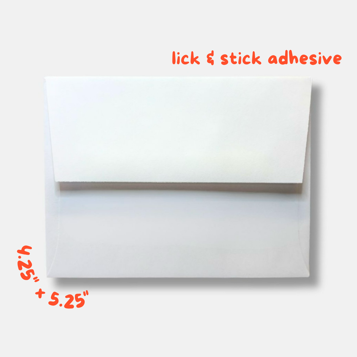 White envelope with 'lick & stick adhesive' text and dimensions on a white background