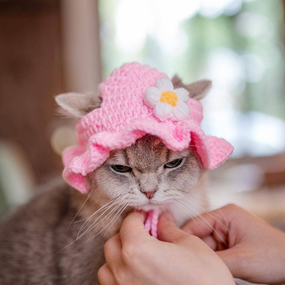 Pink Crochet Flower Cat Hat