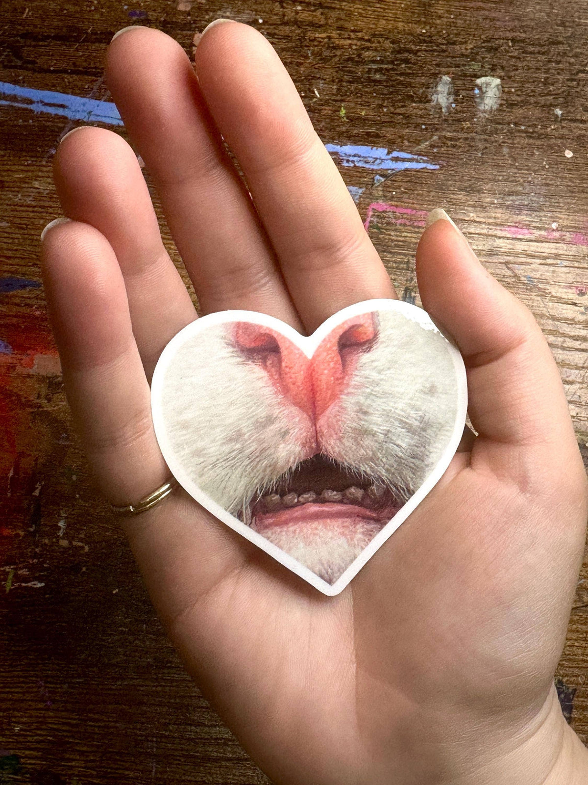 White Cat Teeth Heart Sticker