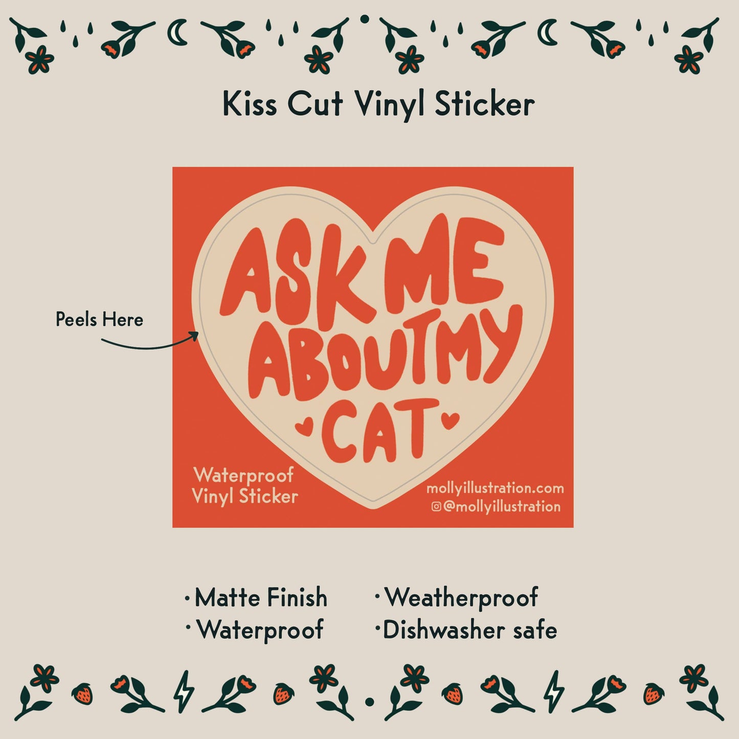 Vinyl sticker with heart design and text 'Ask me about my cat' on a beige background