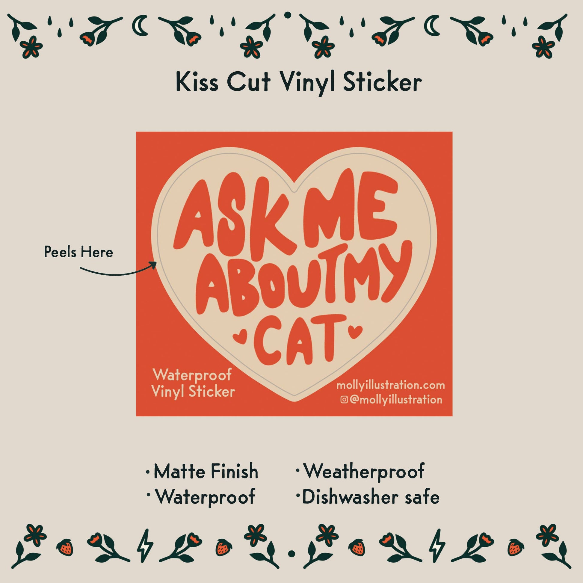 Vinyl sticker with heart design and text 'Ask me about my cat' on a beige background