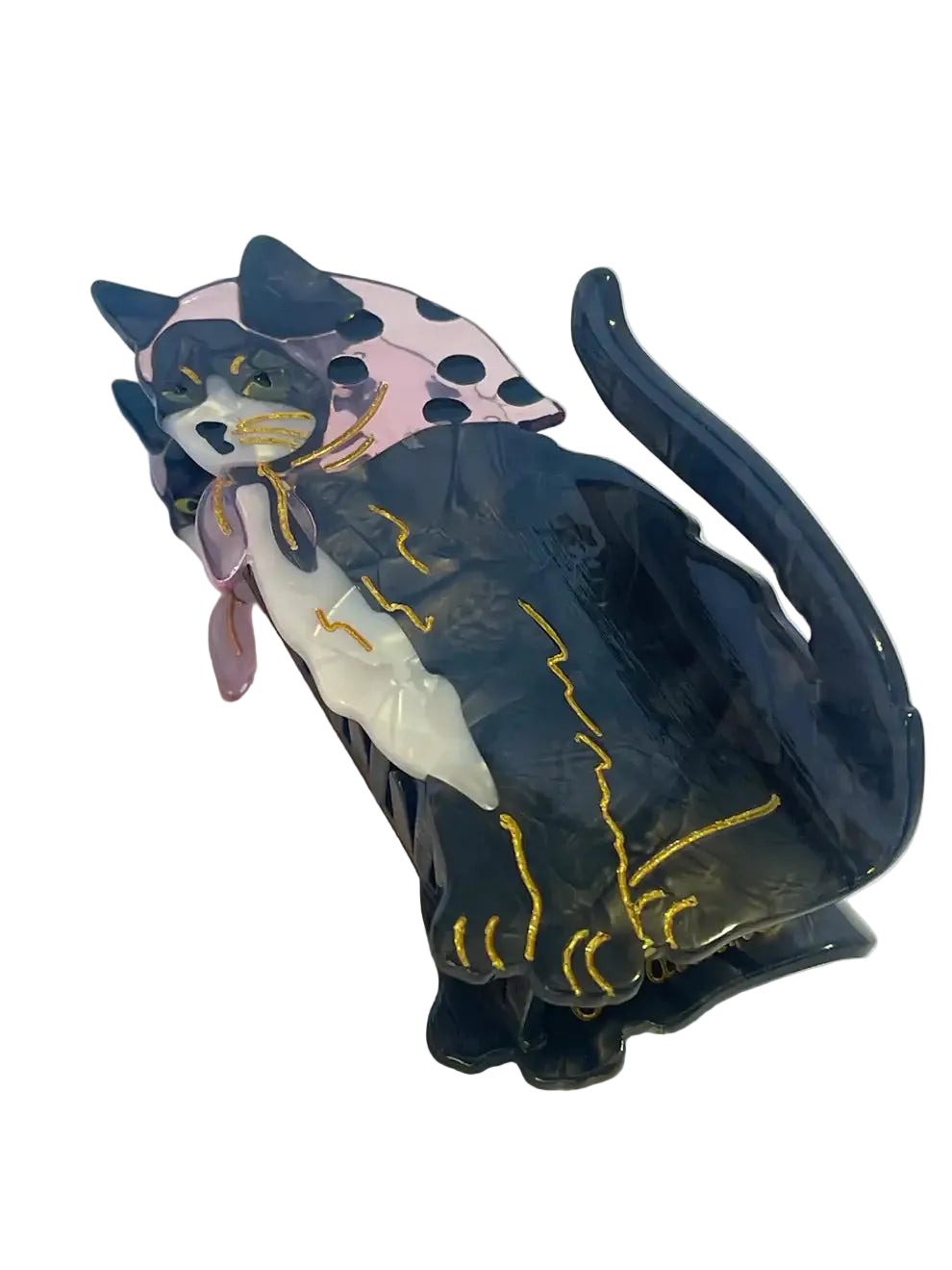 Cat-shaped hair clip with a white cat design on a light background