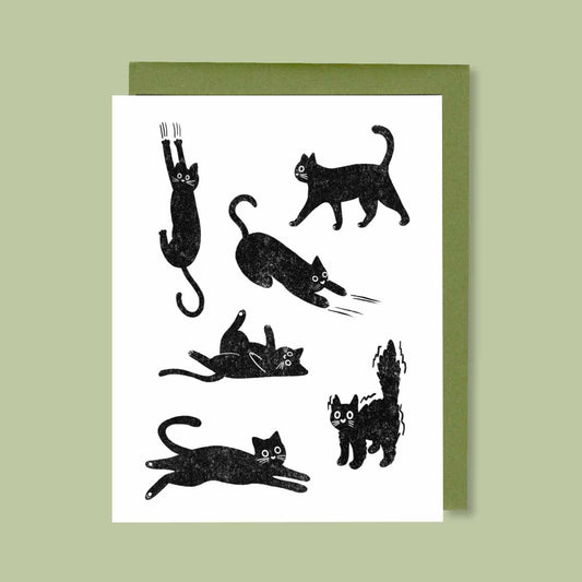 Greeting card with black cat illustrations on a white background, green border
