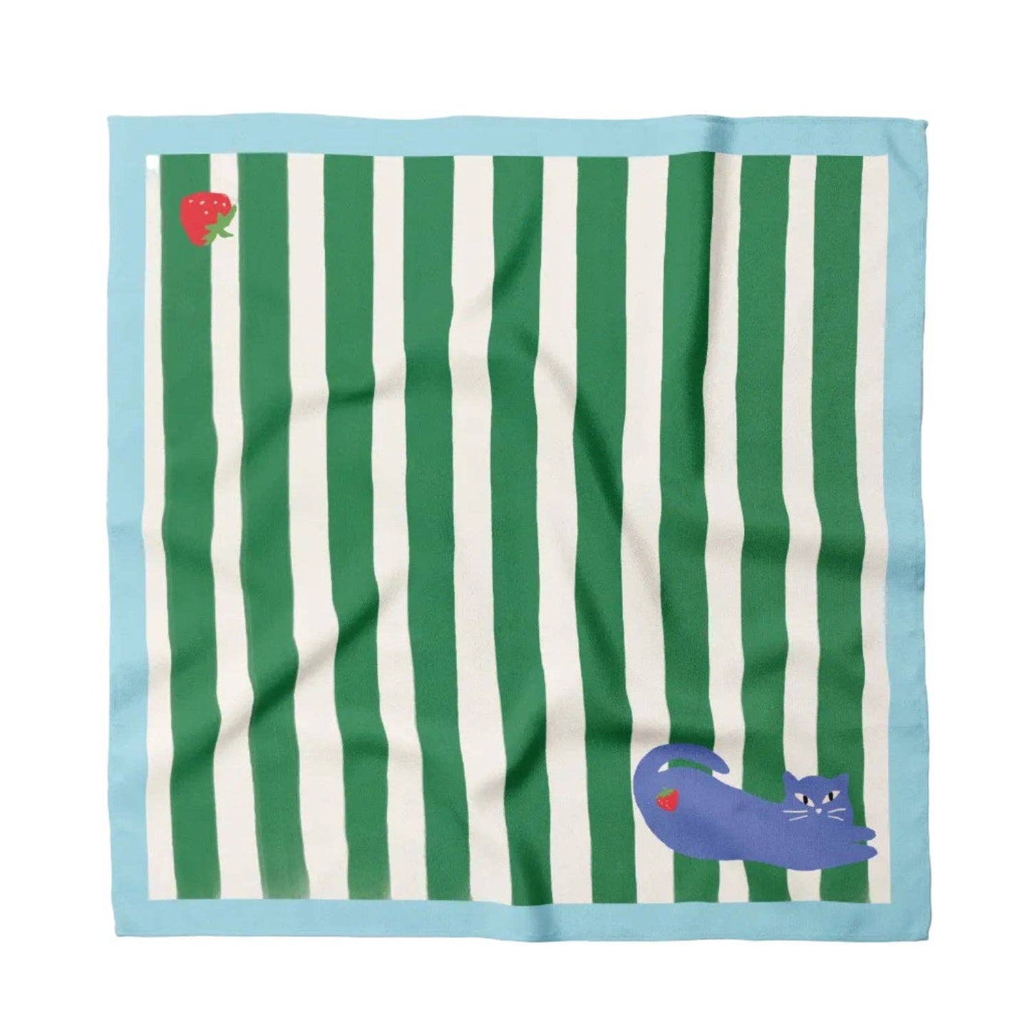 Striped towel with green and white stripes and cartoon characters on a light blue background
