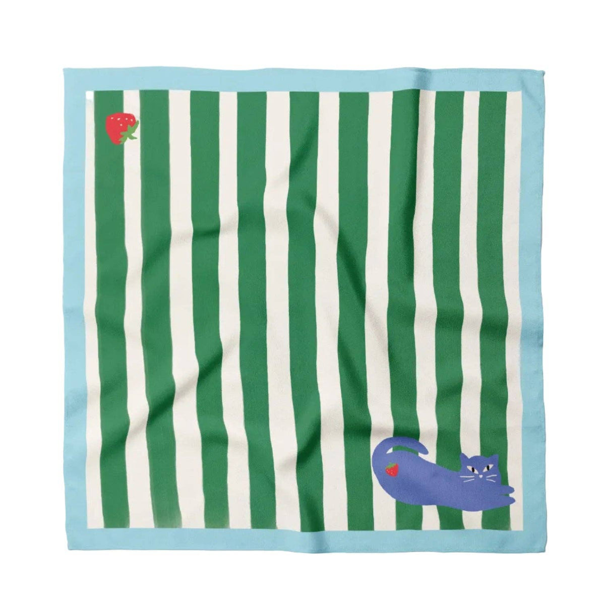 Striped towel with green and white stripes and cartoon characters on a light blue background