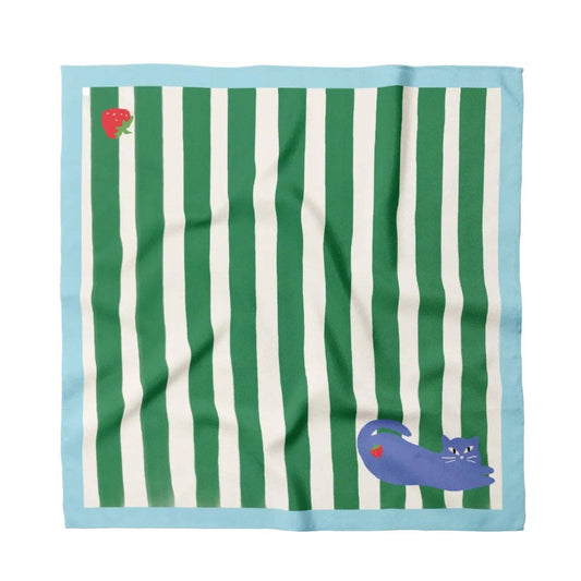 Striped towel with green and white stripes and cartoon characters on a light blue background