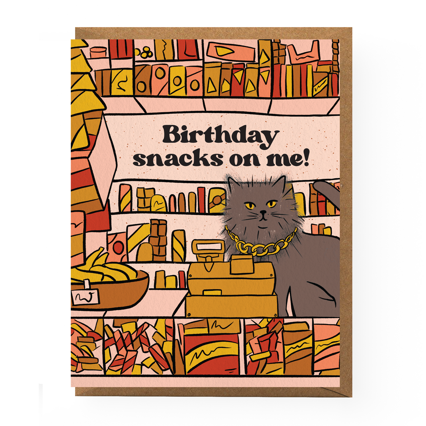 Birthday card with a cat illustration and text 'Birthday snacks on me!' on a colorful bookshelf background.