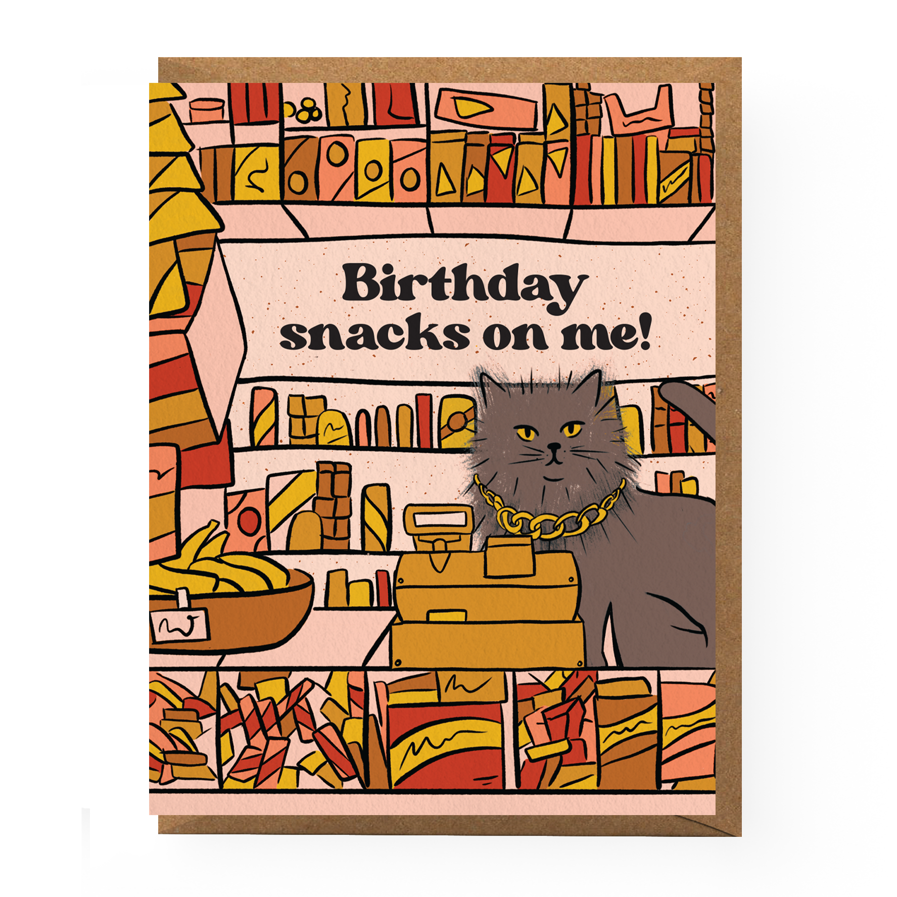 Birthday card with a cat illustration and text 'Birthday snacks on me!' on a colorful bookshelf background.