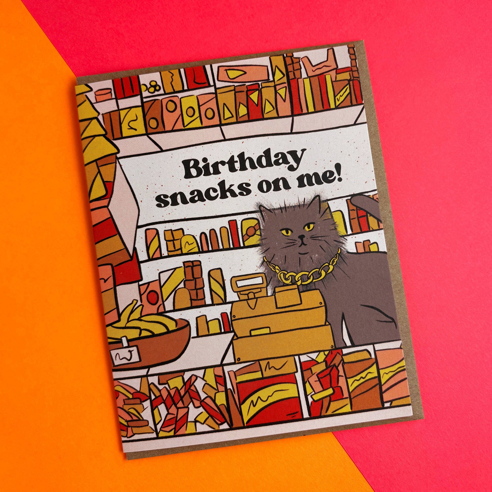 Birthday card with a cat illustration and text on a colorful background