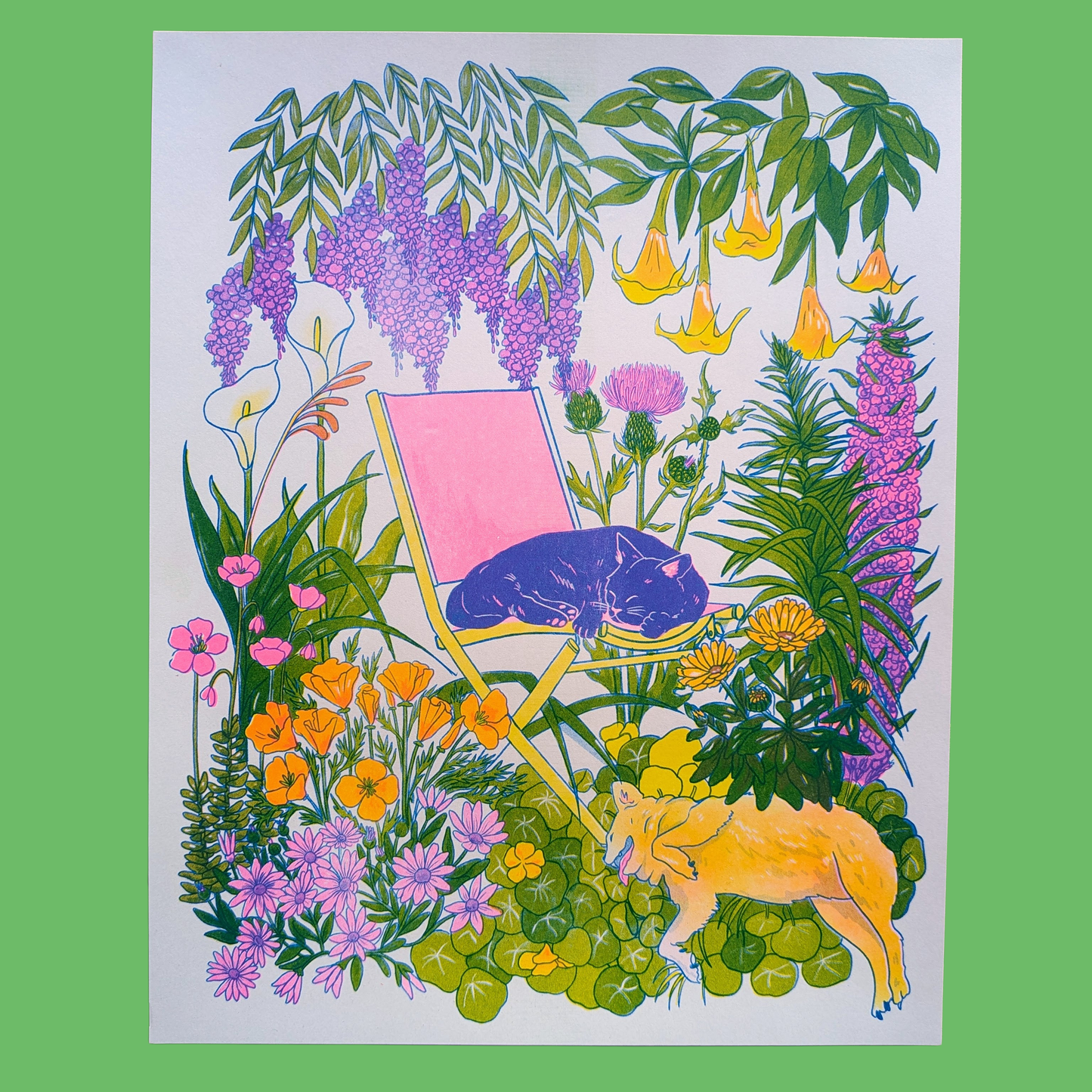 Illustration of a cat on a pink chair surrounded by colorful flowers and plants on a green background