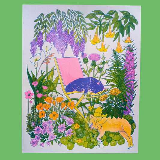Illustration of a cat on a pink chair surrounded by colorful flowers and plants on a green background
