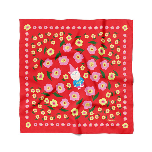 Red scarf with floral pattern and cartoon character on a white background