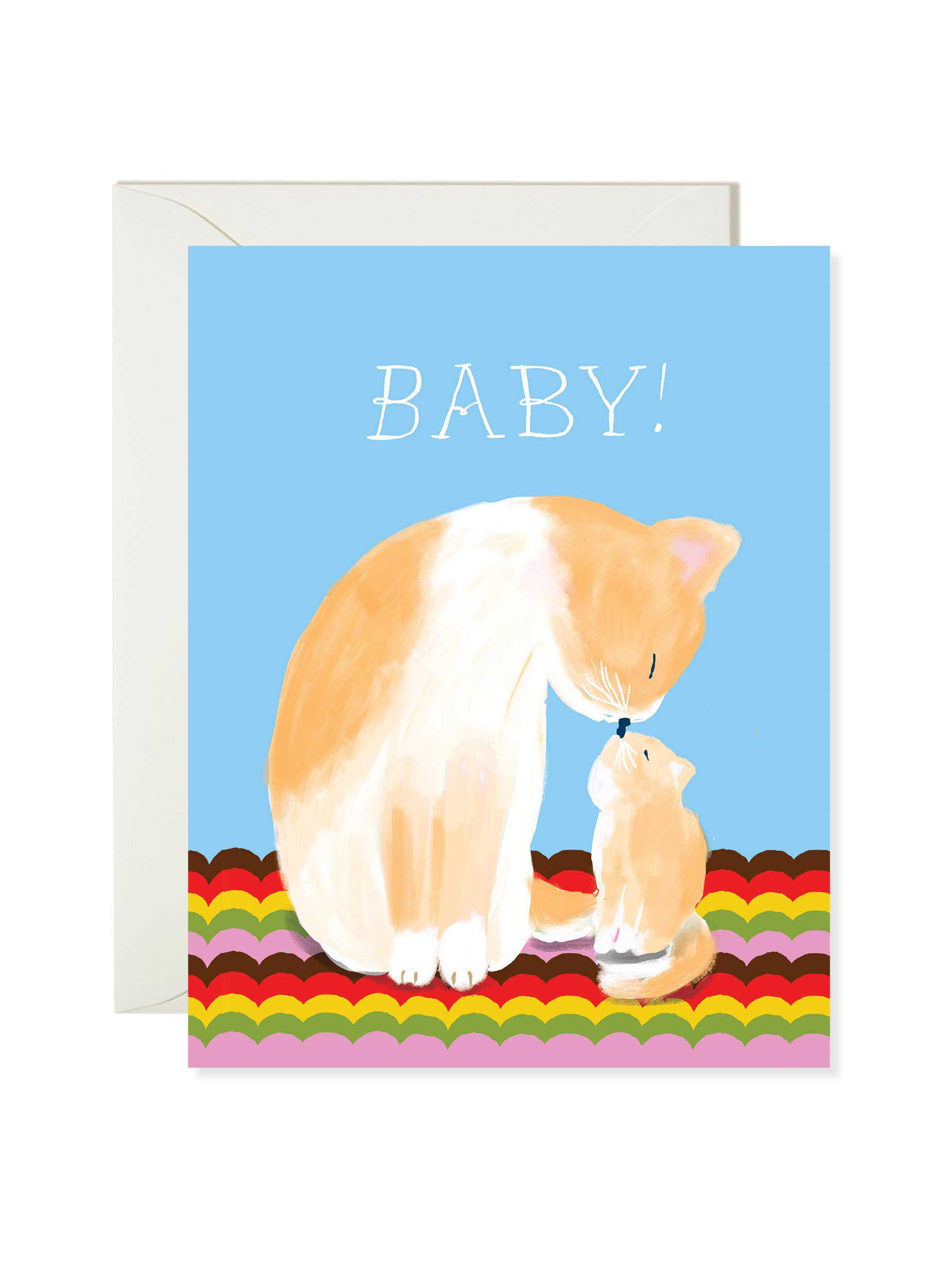 Greeting card with a cat and kitten illustration and 'BABY!' text on a blue background.