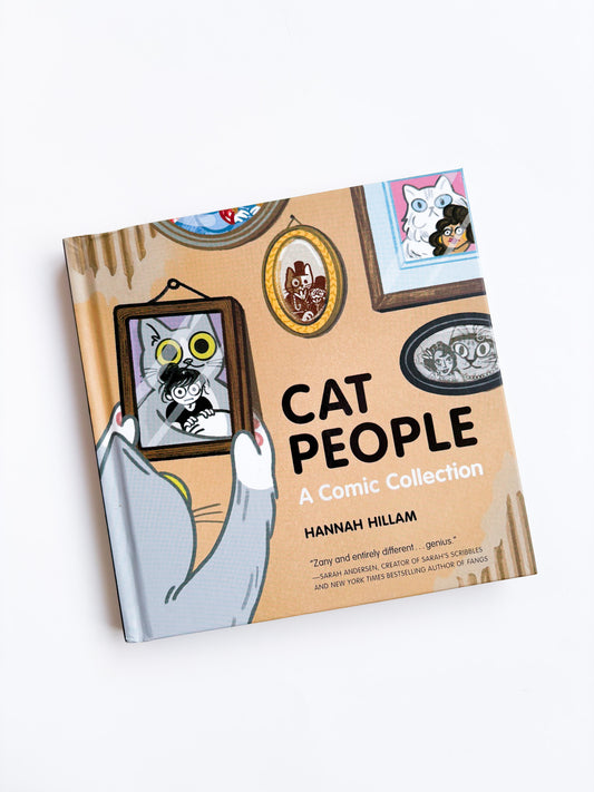 Book titled 'Cat People: A Comic Collection' by Hannah Hillam with cat-themed illustrations on the cover.