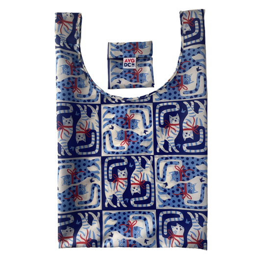 Reusable shopping bag with blue and white pattern on a white background