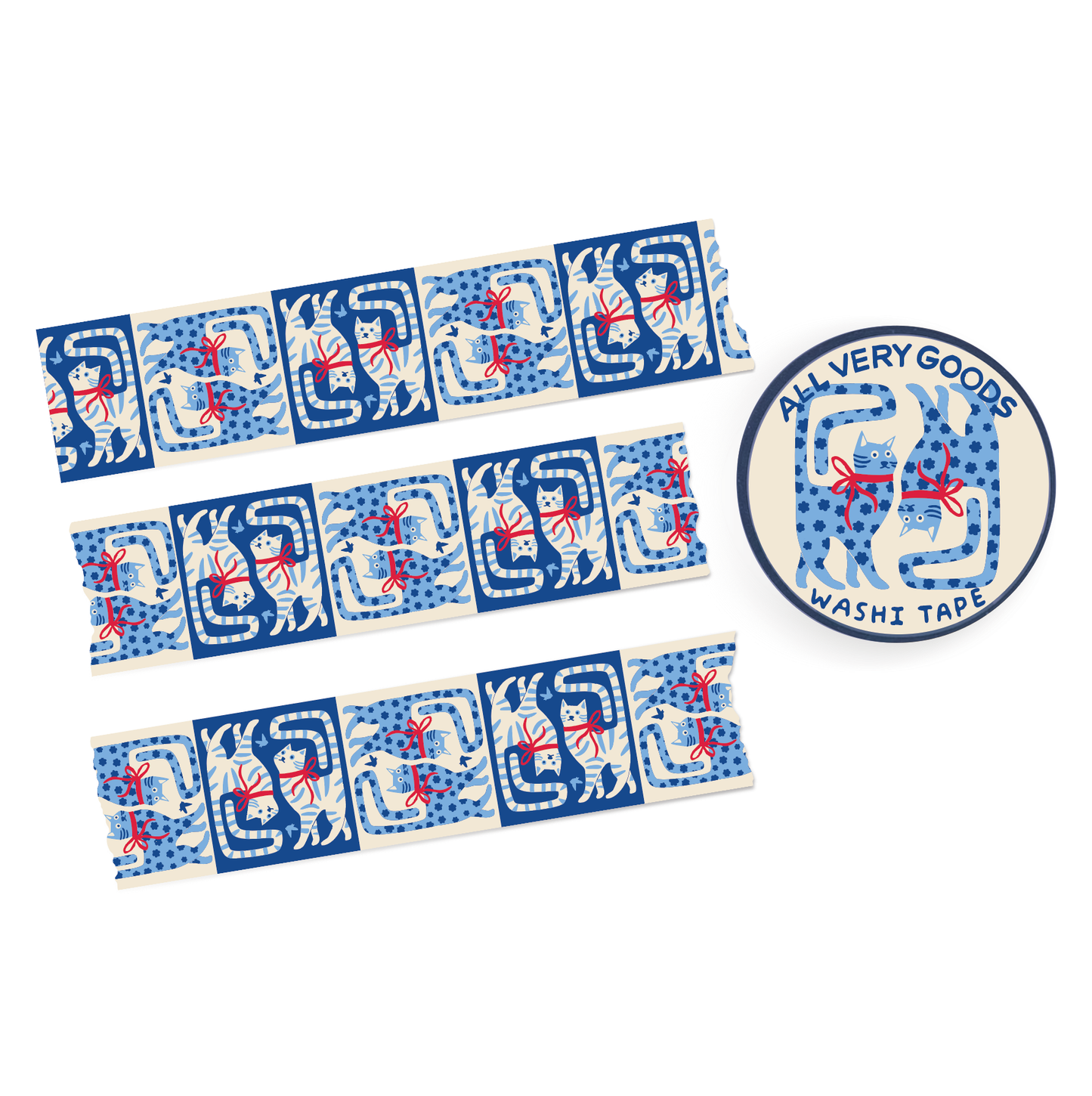 Set of washi tape rolls with blue and white designs on a white background