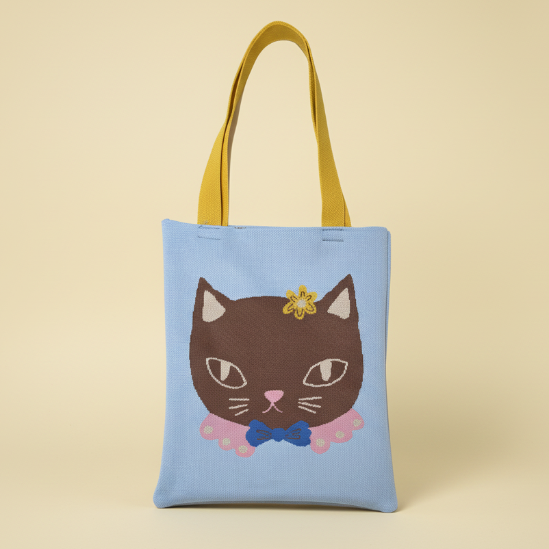 Tote bag with a cat design on a beige background