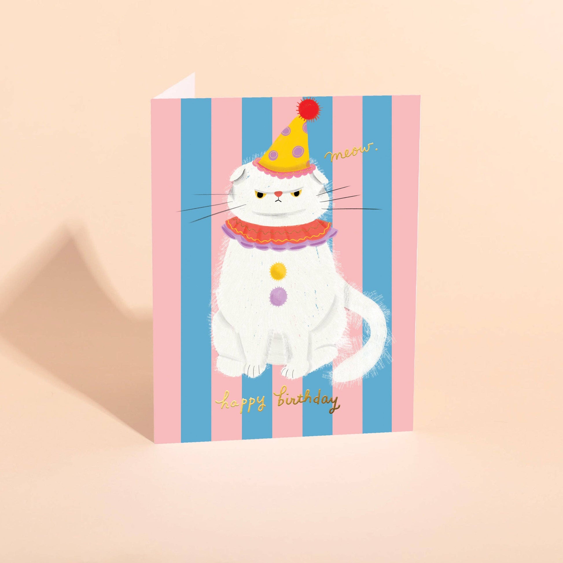 Birthday card with a cat wearing a party hat on a striped background