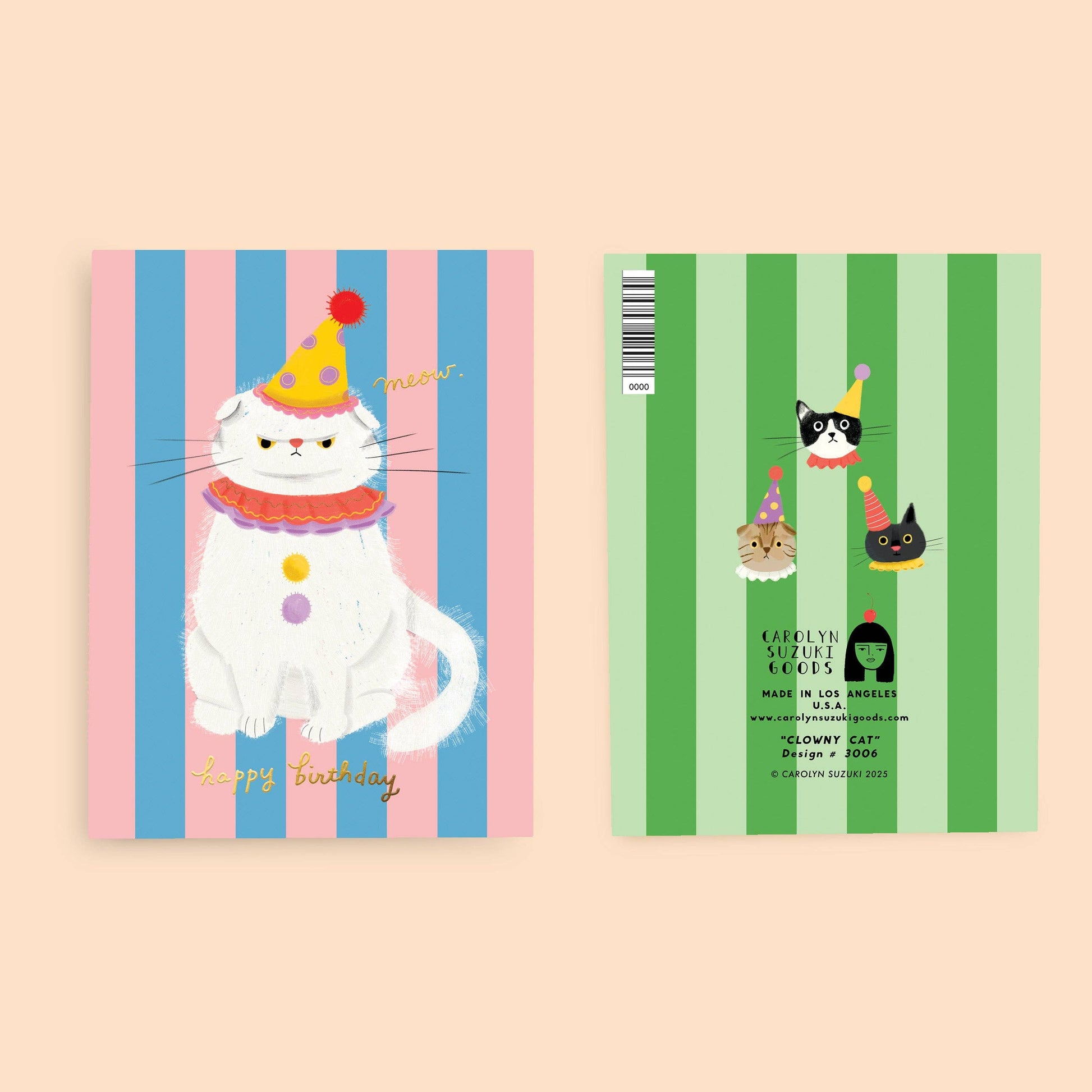 Two greeting cards with cartoon cats on striped backgrounds