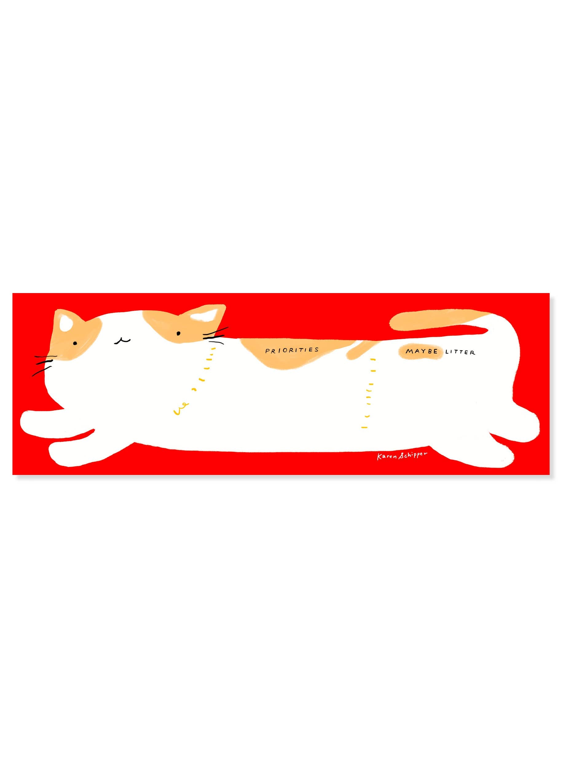Rectangular product with a cat illustration on a red background