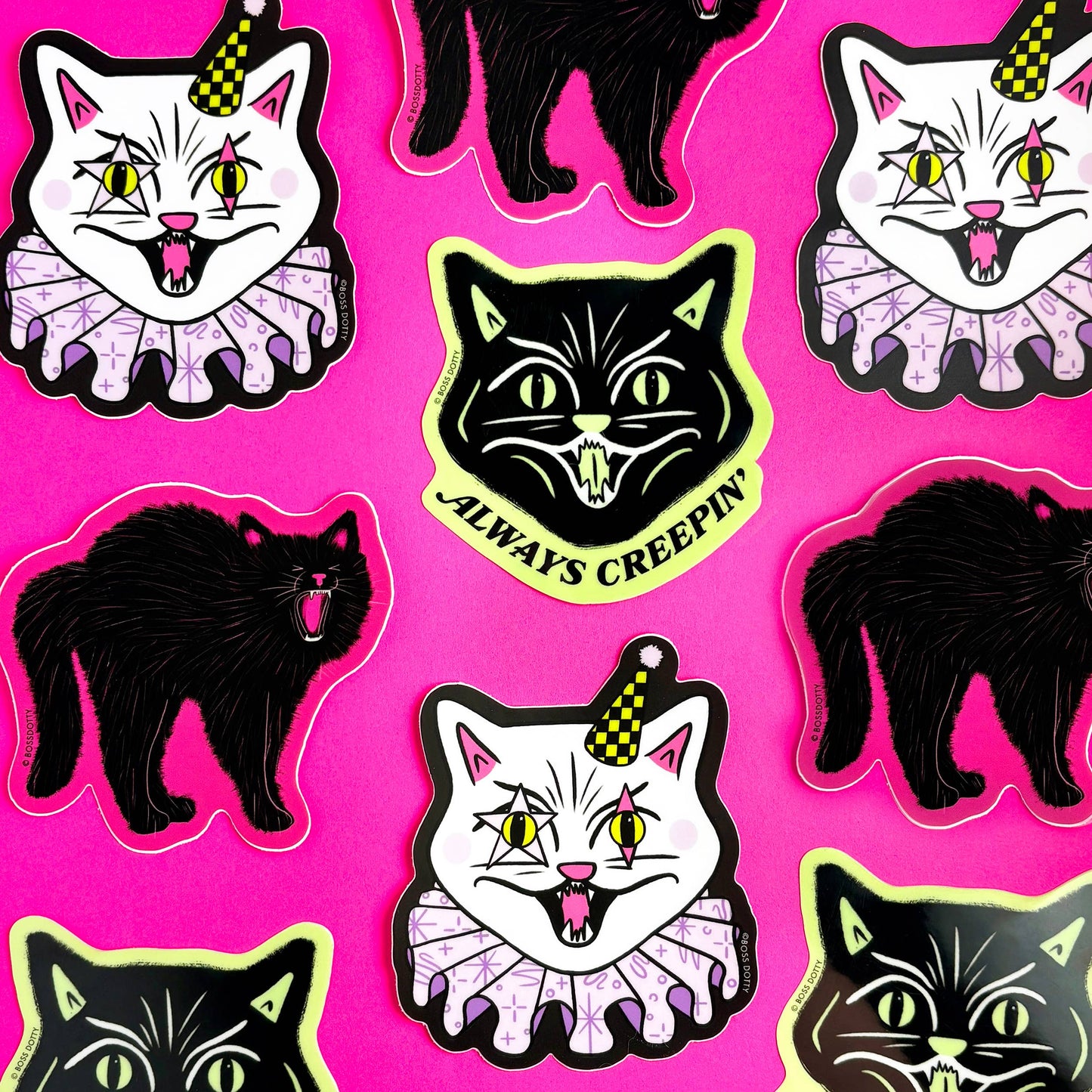 Sticker design with cats on a pink background