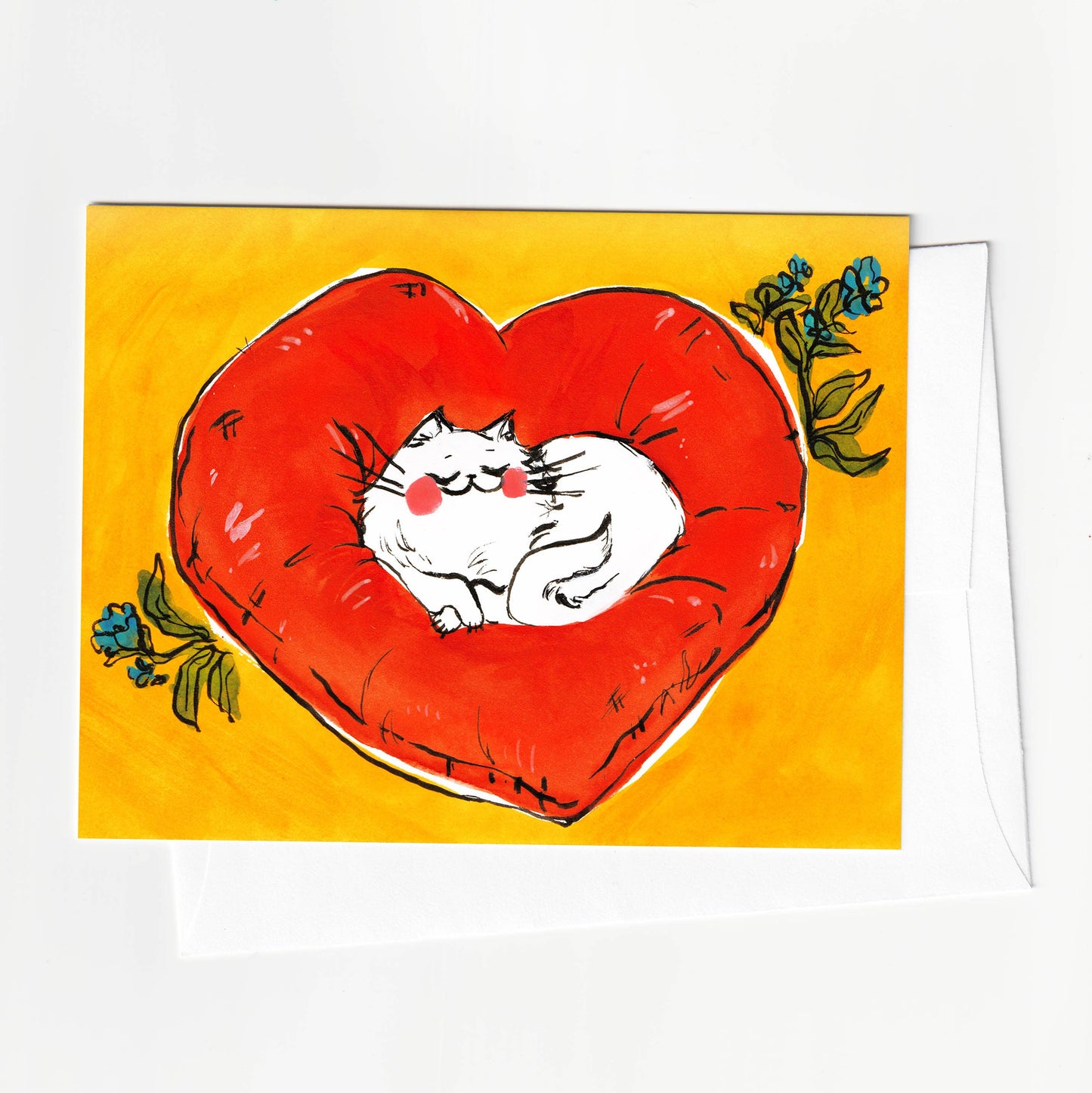 Card with a cat on a red heart on an orange background