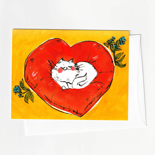 Card with a cat on a red heart on an orange background