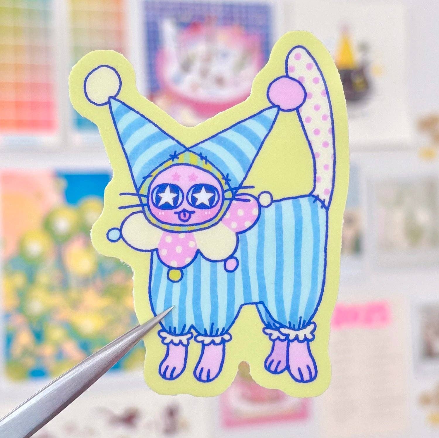 Cartoon character sticker with a colorful background