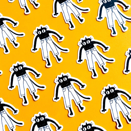 Pattern of cartoon characters with black shirts and white pants on a yellow background
