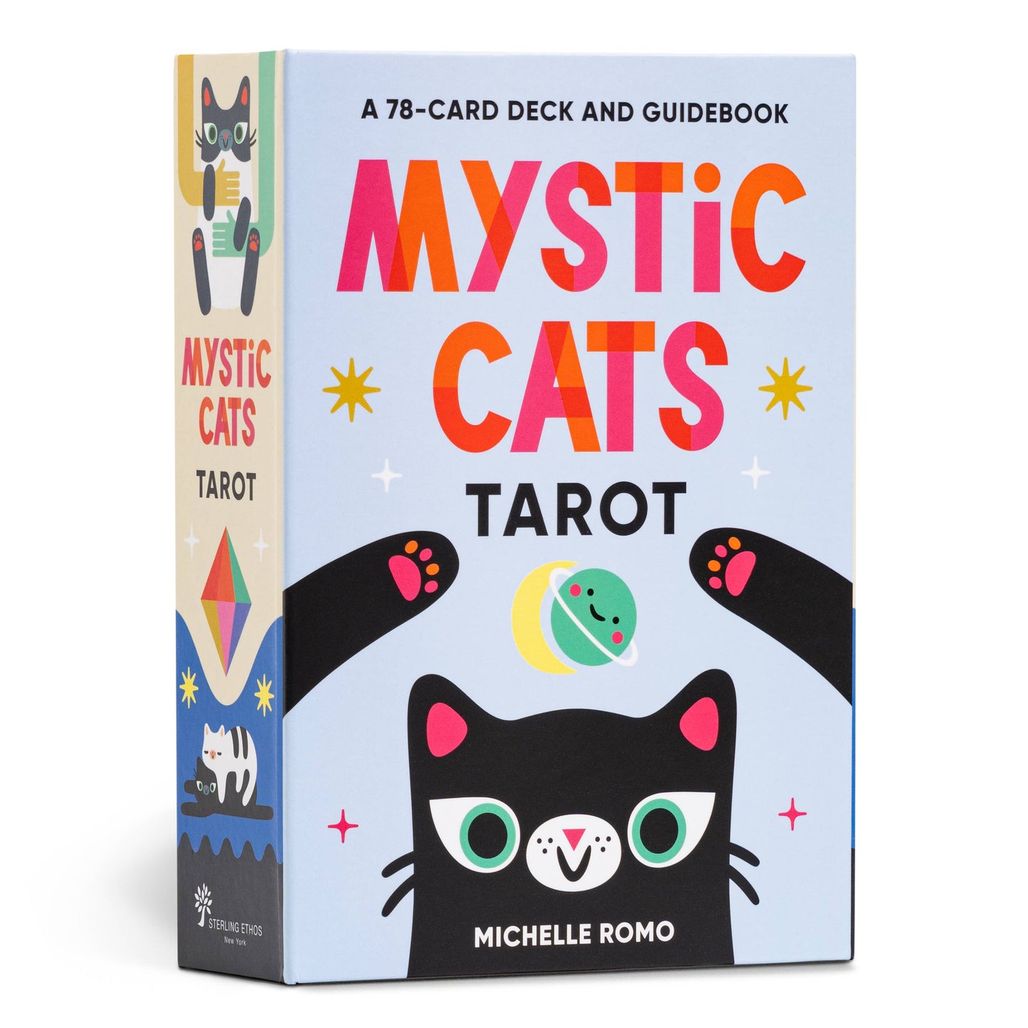 Mystic Cats Tarot book cover with colorful text and cat illustrations on a light blue background