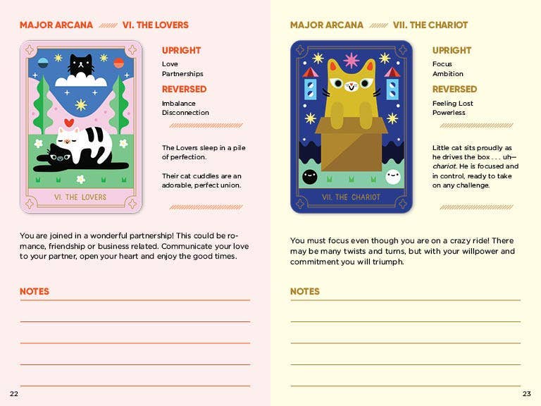 Two tarot cards titled 'The Lovers' and 'The Chariot' with descriptions and meanings.