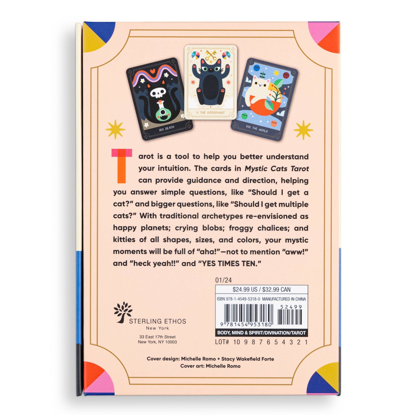 Back cover of a book with tarot card illustrations and text about the product.