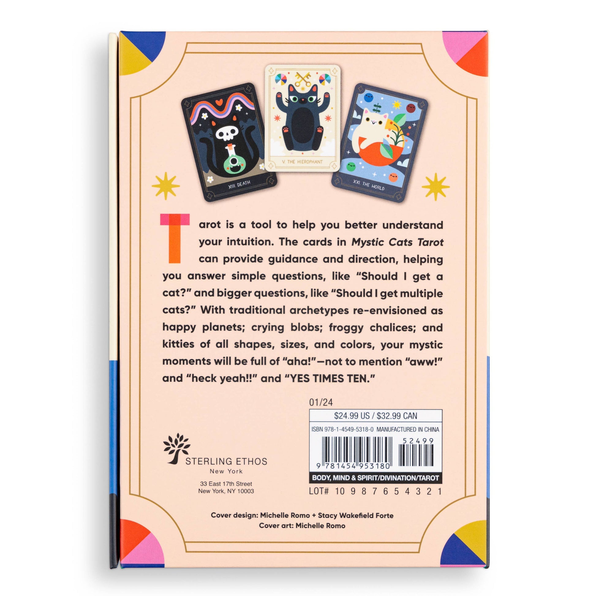 Back cover of a book with tarot card illustrations and text about the product.