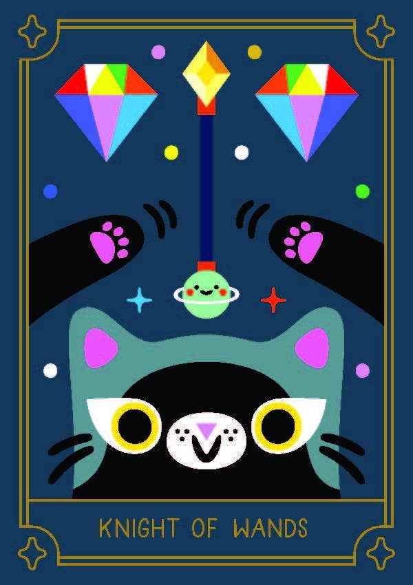 Card with a cat-like character and colorful elements on a dark blue background, labeled 'Knight of Wands'.