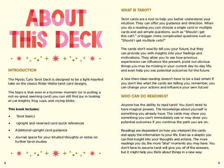 Introduction page of a tarot card deck with text and colorful design elements.