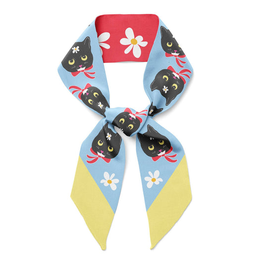 Scarf with black cat and flower design on a white background