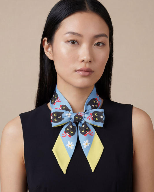 Woman wearing a colorful scarf around her neck against a beige background