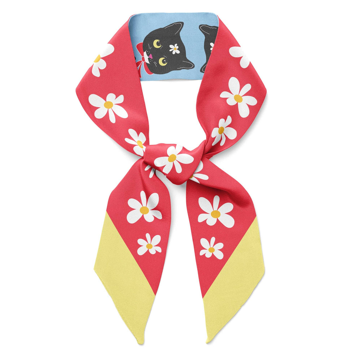 Colorful scarf with floral pattern and black cat design on a white background