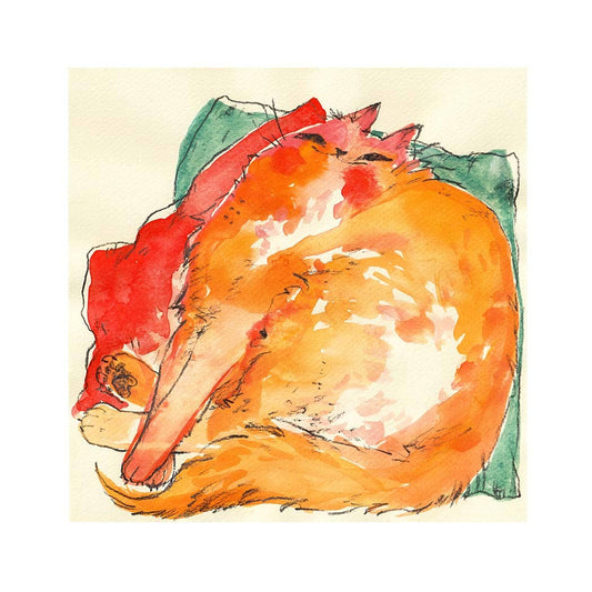 Watercolor painting of an orange cat lying on a green pillow with a beige background
