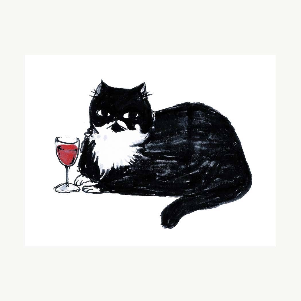 Illustration of a black cat with a white chest holding a glass of red wine on a white background