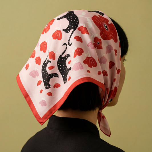 Person wearing a headscarf with red and black patterns on a beige background