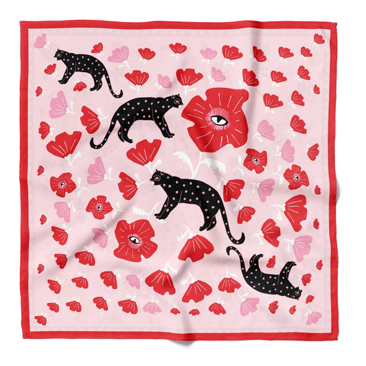 Scarf with black panther and red flower pattern on a pink background